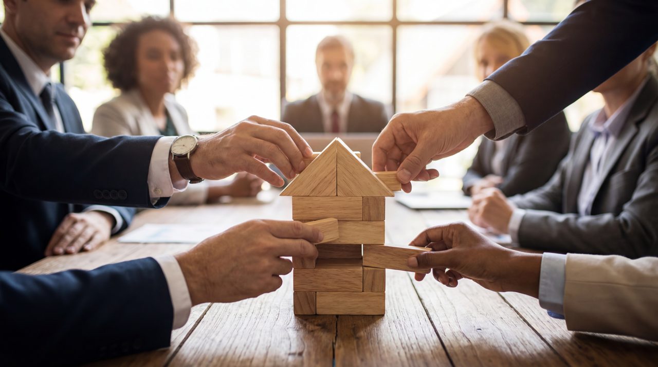 A team of agents building a house from wooden blocks together around a table